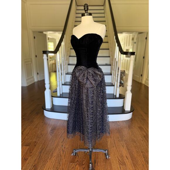 Vintage 80s Glitter Lace Prom Black Dress Velvet WhimsyGoth Celestial Punk Alt - Picture 6 of 13